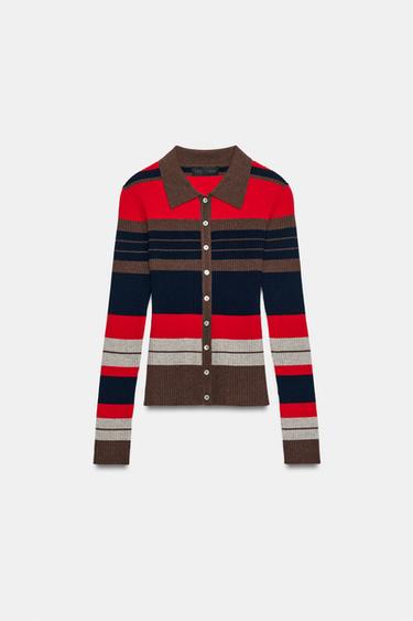 STRIPED RIBBED KNIT POLO JACKET — only one 1