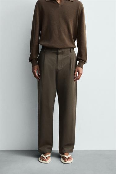 Zara COTTON - LINEN PLEATED PANTS - Black / Brown