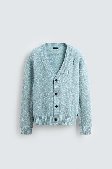 Zara DISTRESSED TWISTED YARN CARDIGAN - Light blue