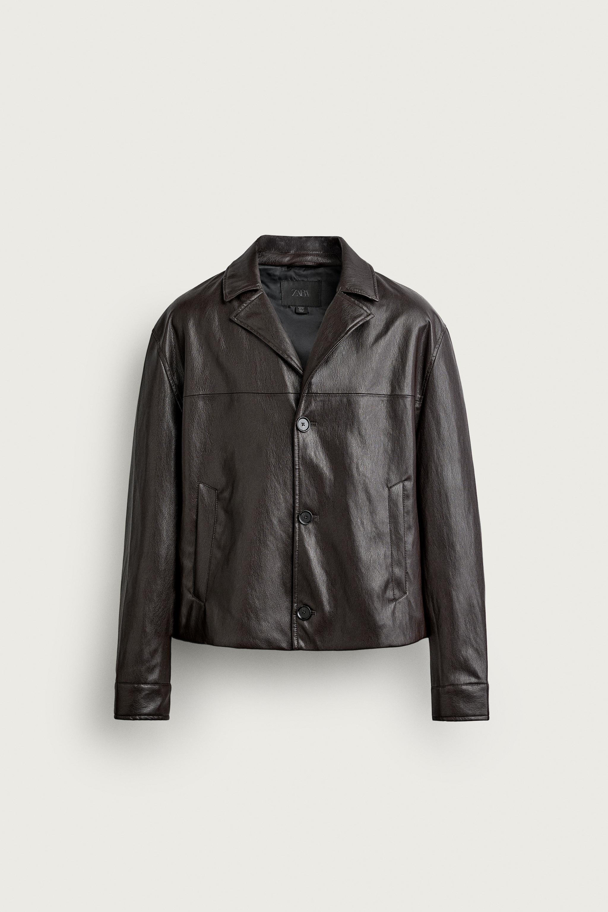 CROPPED FAUX LEATHER JACKET — Brown