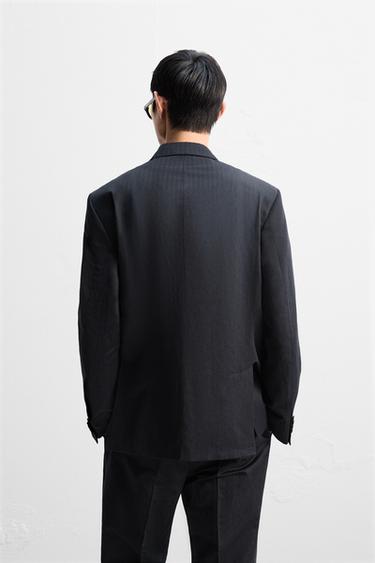 BLAZER COSTUME À CHEVRONS LIN - COTON - Bleu marine de Zara - Image 3
