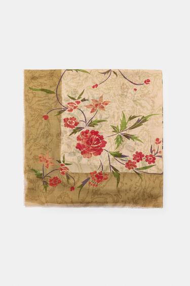 Zara FLORAL PRINT MODAL SILK SCARF - Ecru - Image 0