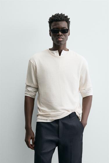 Zara RELAXED FIT TEXTURED T-SHIRT - Oyster-white