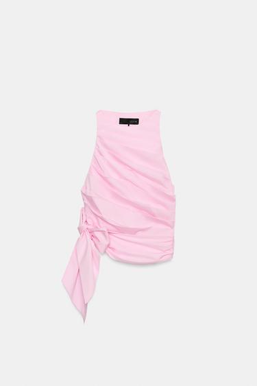 FITTED HALTER NECK POPLIN TOP WITH PLEATS AND BOW - Pink by Zara - Image 2
