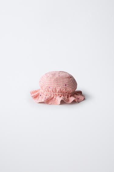 GINGHAM CHECK HAT WITH FLORAL EMBROIDERY - Pink by Zara