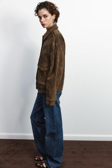 100% SUEDE LEATHER BOMBER JACKET WITH POCKETS - Khaki by Zara - Image 6