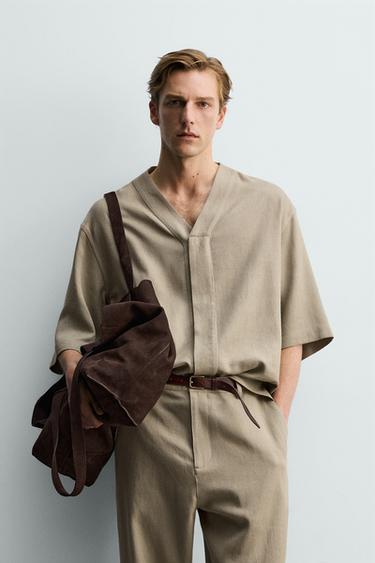 Zara RELAXED FIT VISCOSE-HEMP SHIRT - Mink