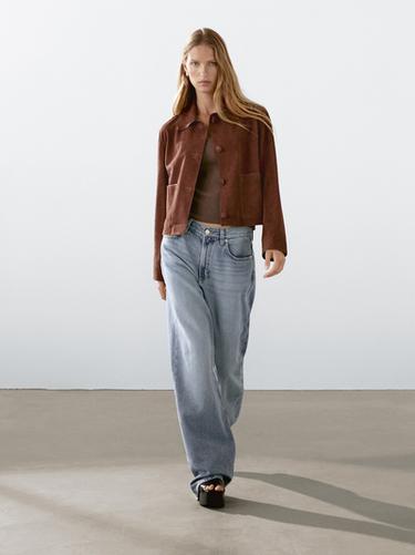 Zara Cropped suede leather-lined jacket with buttons - Brown