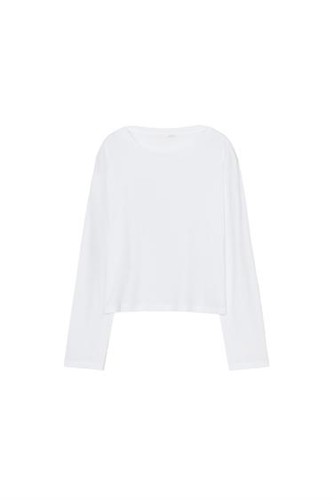 CAMISETA CUELLO BARCO MANGA LARGA - Blanco de Zara
