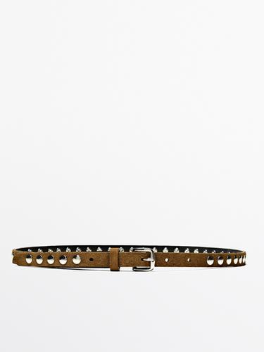 Zara Thin leather belt with studs - Sand