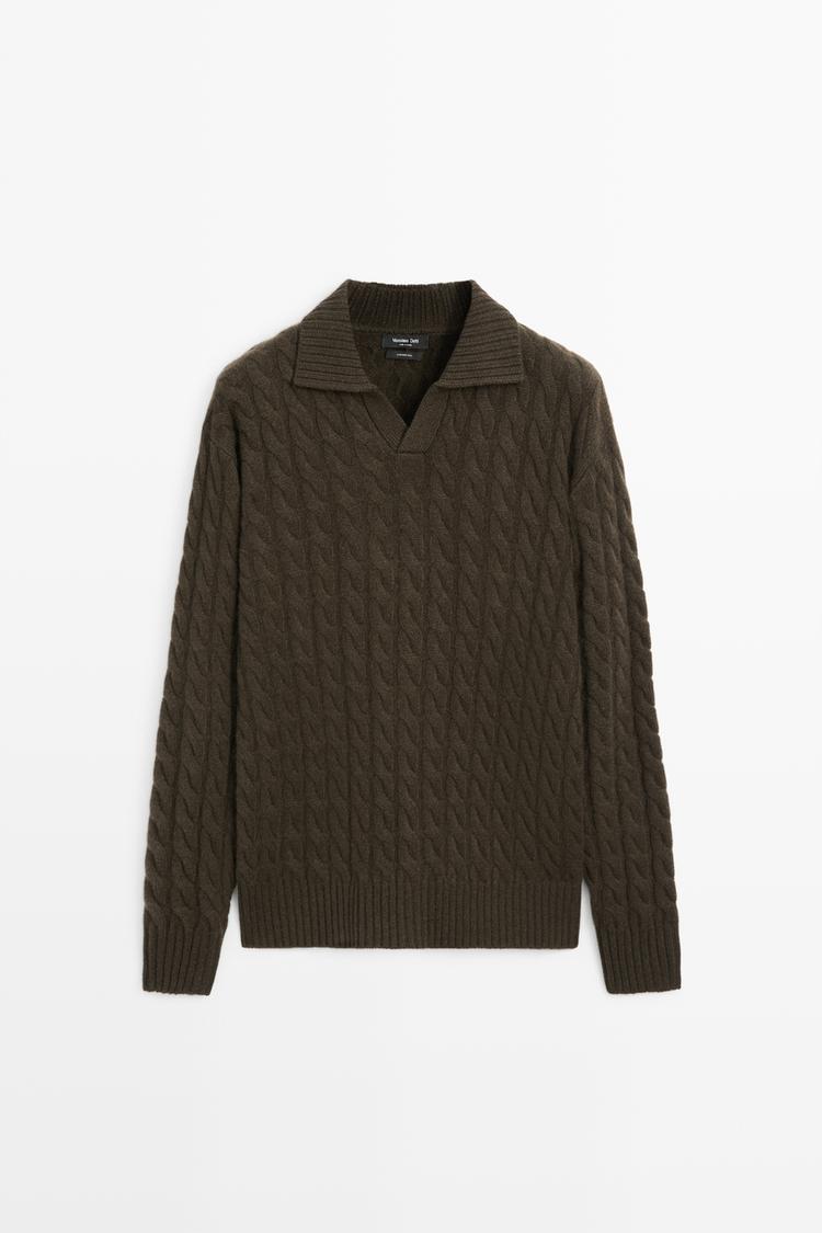 Cable-knit cashmere polo sweater — BOTTLE GREEN