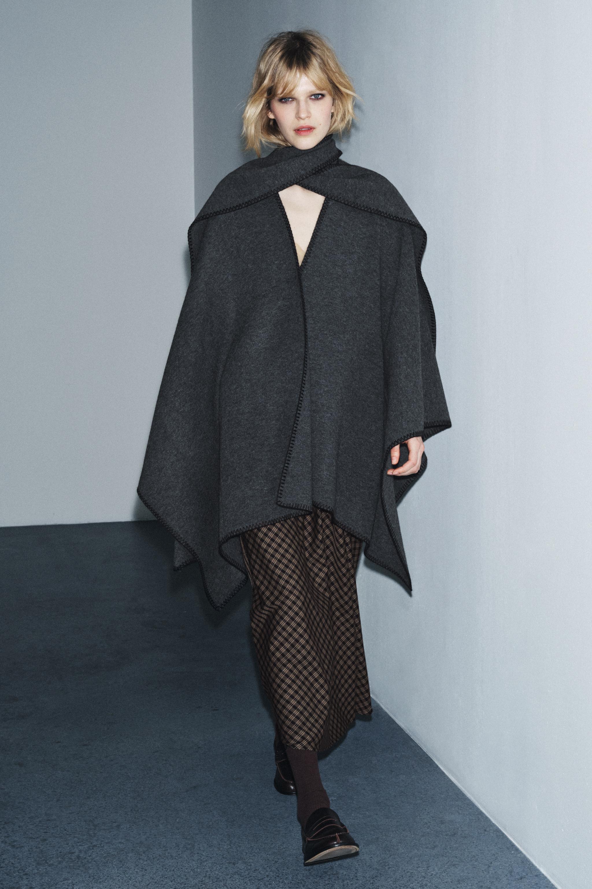 Zara - Knit Cape With Contrasting Yarn Scarf - Gray - M - Woman Zara - Knit Cape With Contrasting Yarn Scarf - Gray - M - Woman