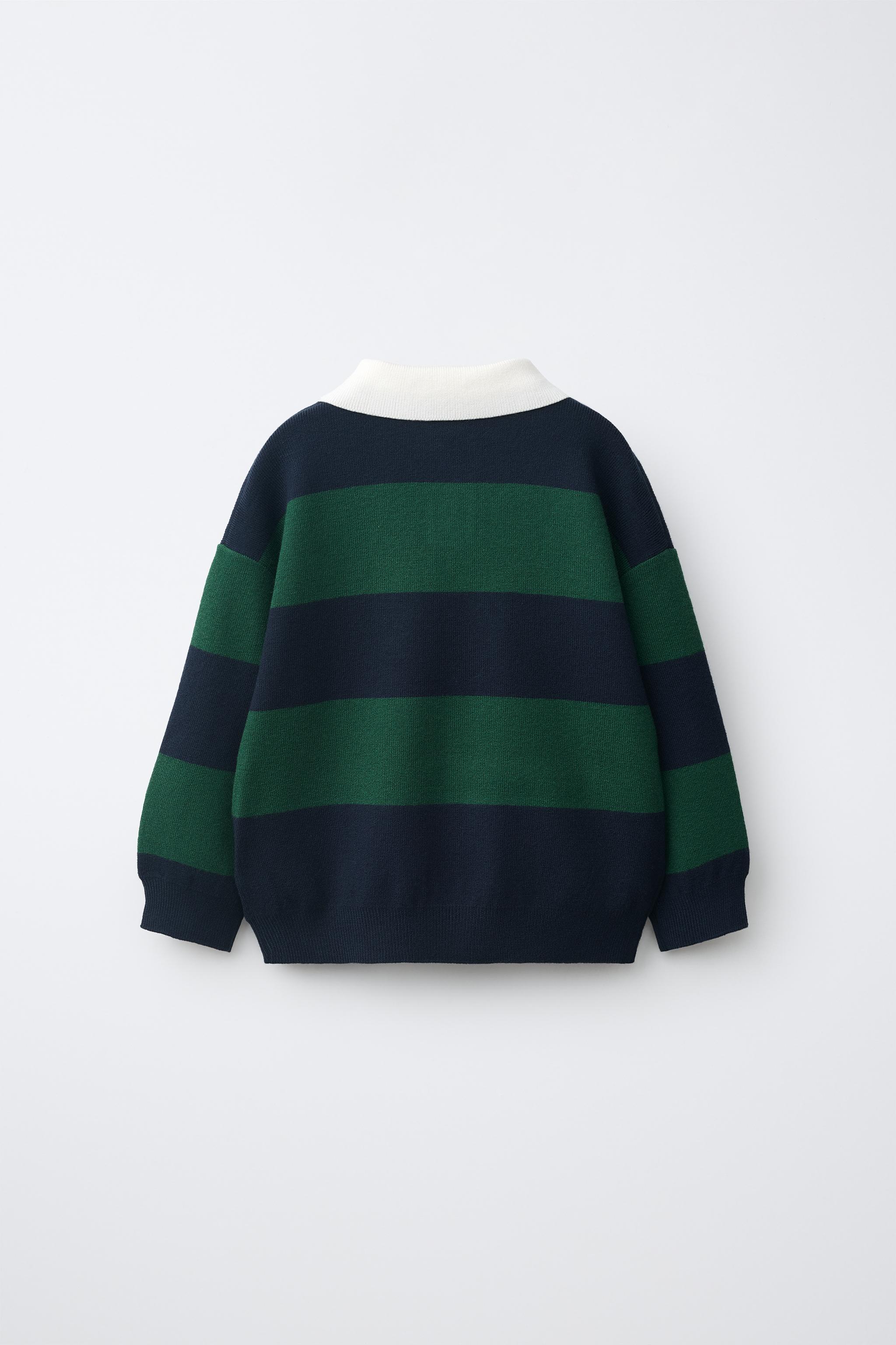 STRIPED KNIT POLO WITH BEAR PATCH — Green stripe