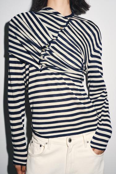 Zara STRIPED KNIT SWEATER - Ecru / Blue