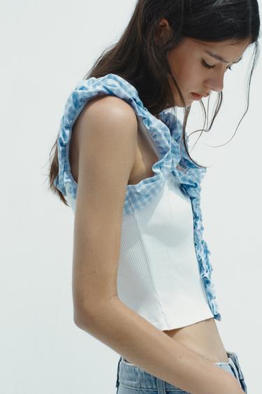 Zara GINGHAM RIBBED TOP - Oyster-white