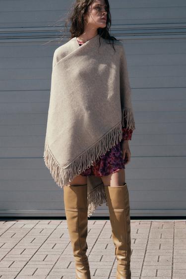 FRINGED KNIT CAPE - camel by Zara - Image 0