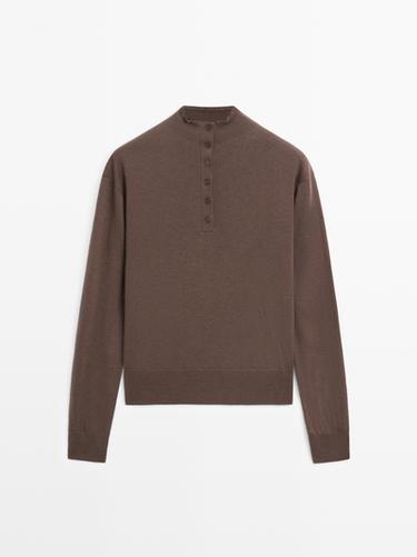 Jersey punto cuello perkins abotonado - Marrón de Zara