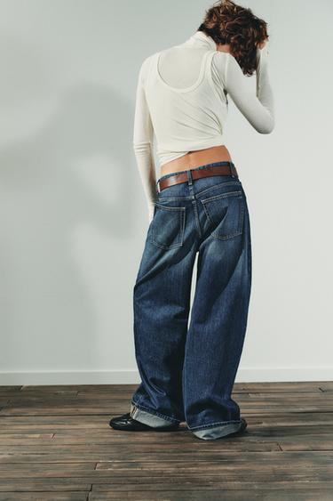 JEAN TRF BAGGY REPLIÉ TAILLE MI-HAUTE - Bleu marine de Zara
