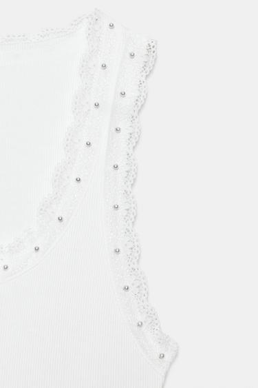 TOP WITH FAUX PEARLS AND LACE - Oyster-white by Zara - Image 8