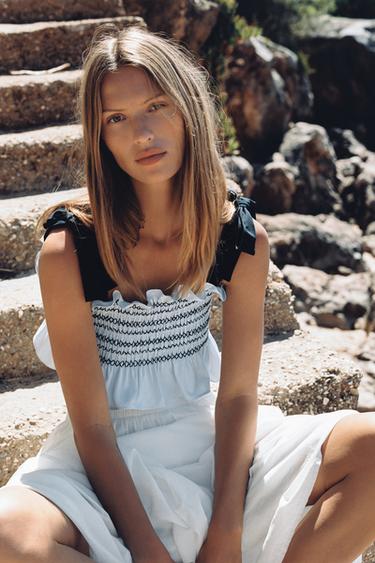 SMOCKED BOW TOP - Blue/White by Zara