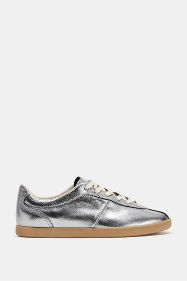 Zara METALLIC LEATHER SNEAKERS - Silver