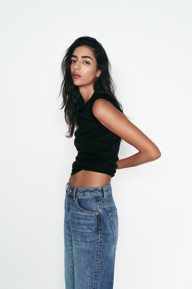 Zara SHORT SLEEVE RIB TOP - Black - Image 0