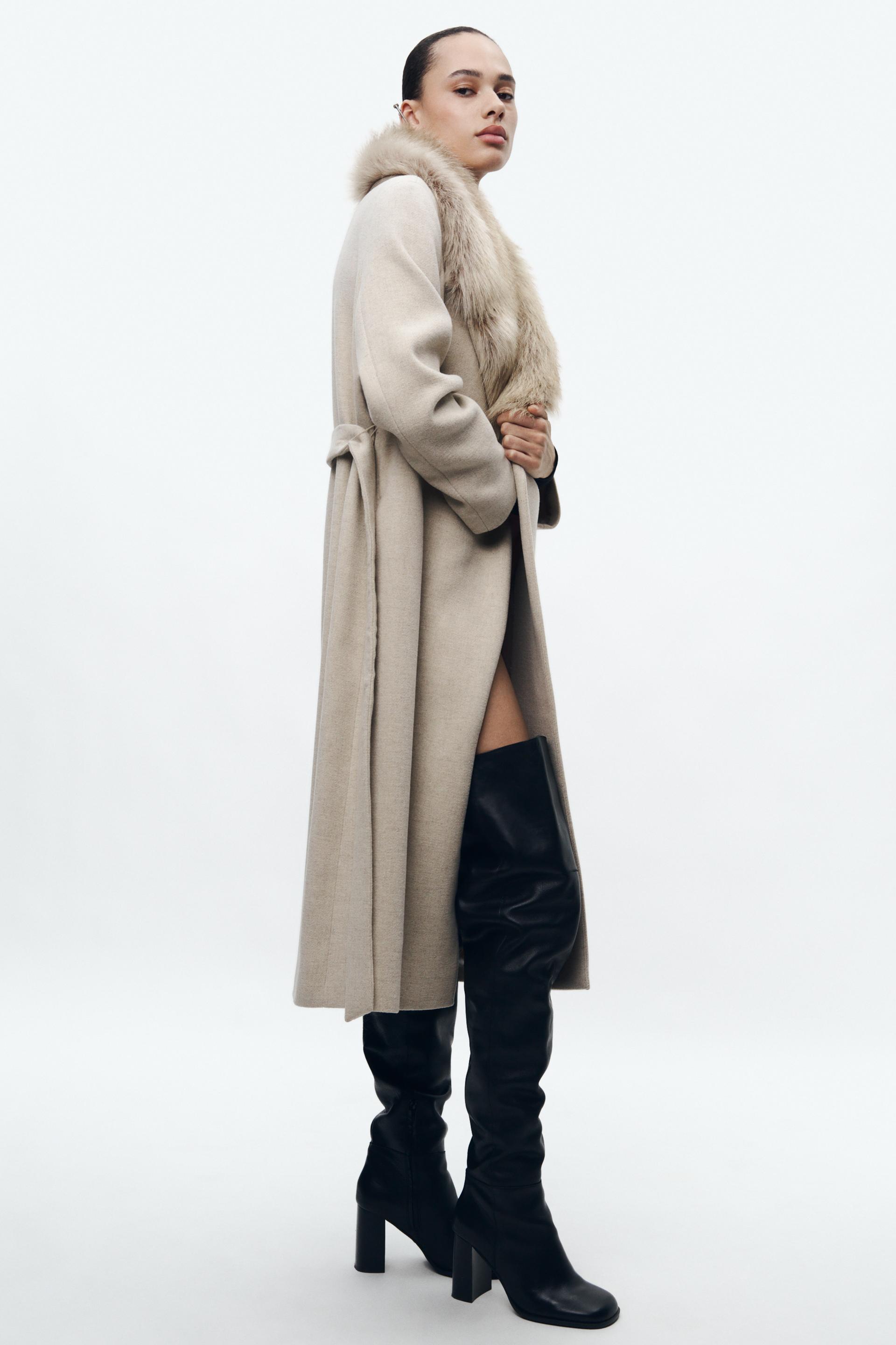FAUX FUR COLLAR COAT ZW COLLECTION - Stone