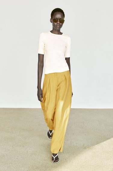 Zara Wide-leg flowing linen blend pleated pants - Mustard - Image 0