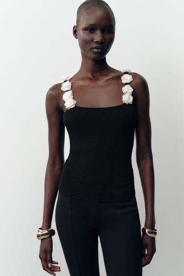 TOP EN MAILLE À FLEURS - Noir de Zara