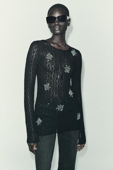 BEADED LACE TOP - Black by Zara - Image 1