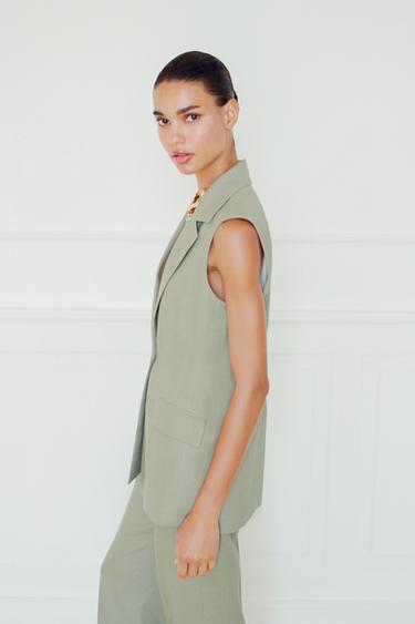 GILET LONG AVEC LIN - Kaki clair de Zara - Image 2
