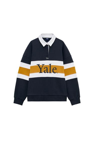 Front view of a navy sweatshirt with a white collar and 'Yale' text on the chest.