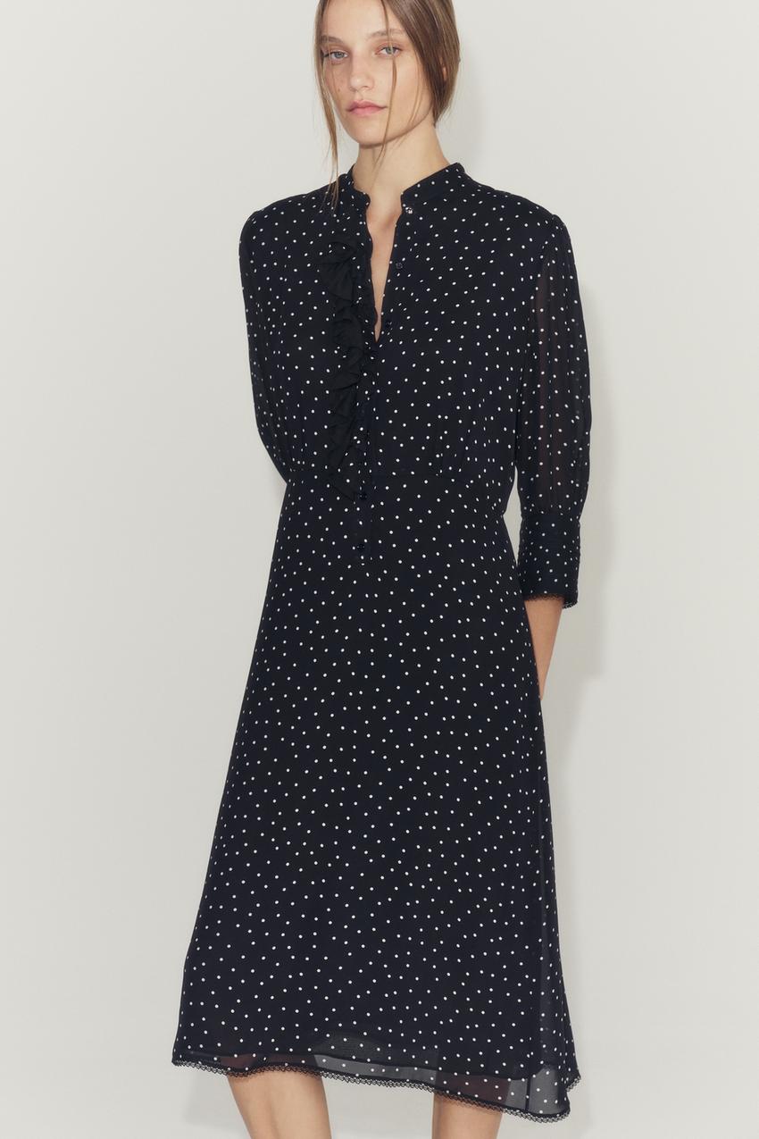 blue and white polka dot dress zara - Zw Collection Printed Rullled - Black / - M Chlorinated:Non Chlorinated seam zip closure Style a denim dress Pageant  dress