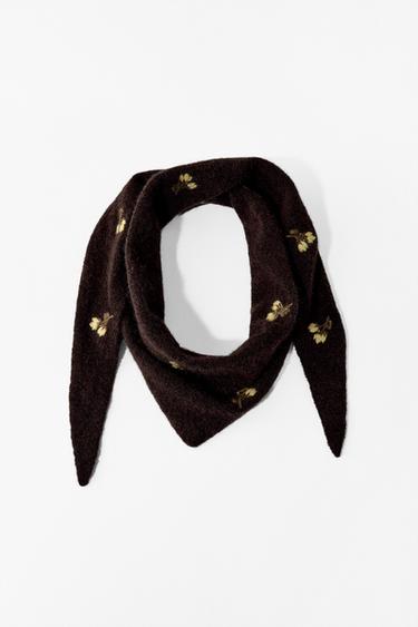 KNITTED BANDANA WITH FLORAL EMBROIDERY - Brown by Zara