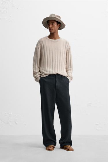 100% LINEN STRAIGHT-LEG TROUSERS - Dark navy by Zara - Image 0