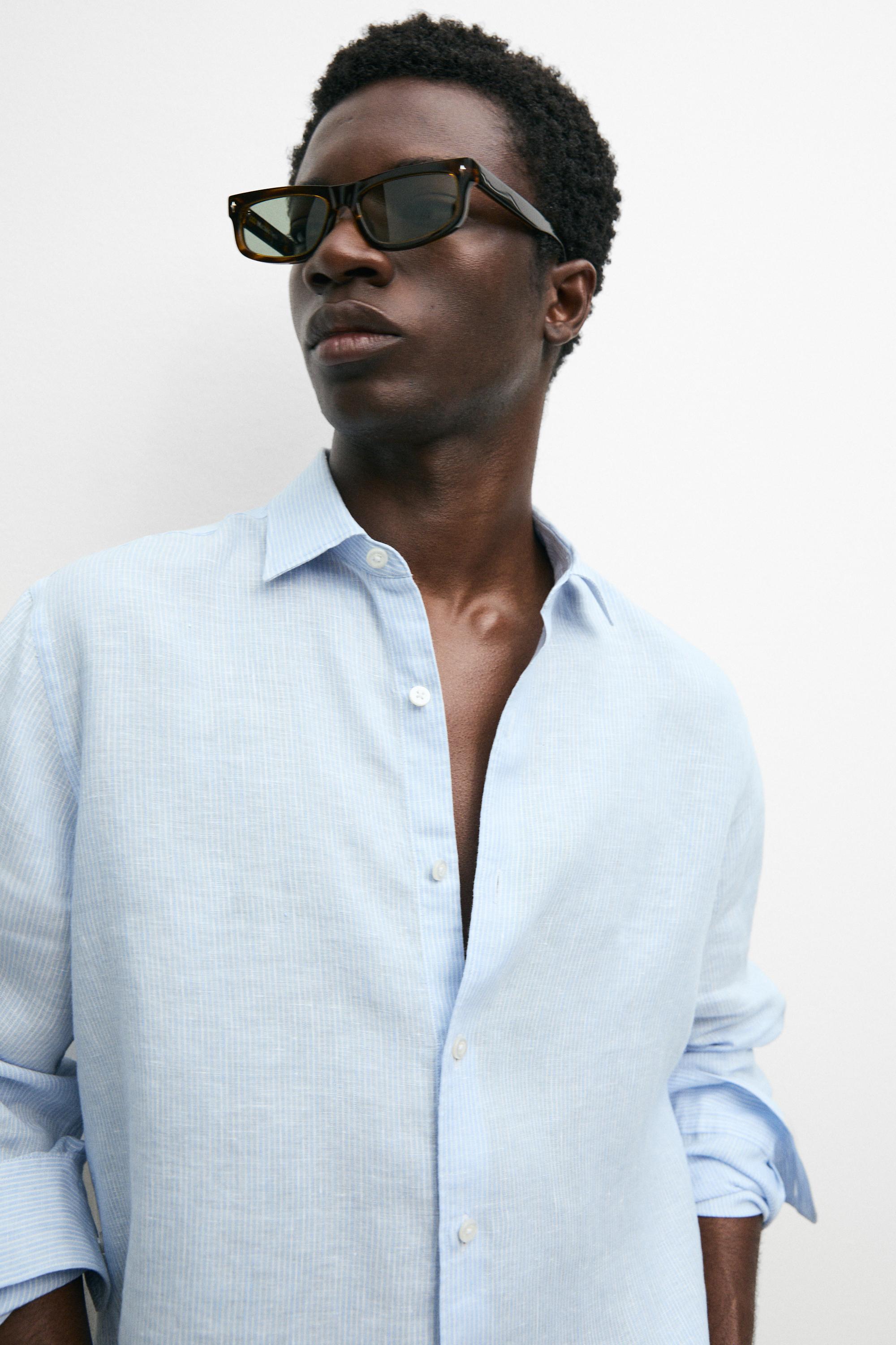 Regular fit striped melange linen shirt
