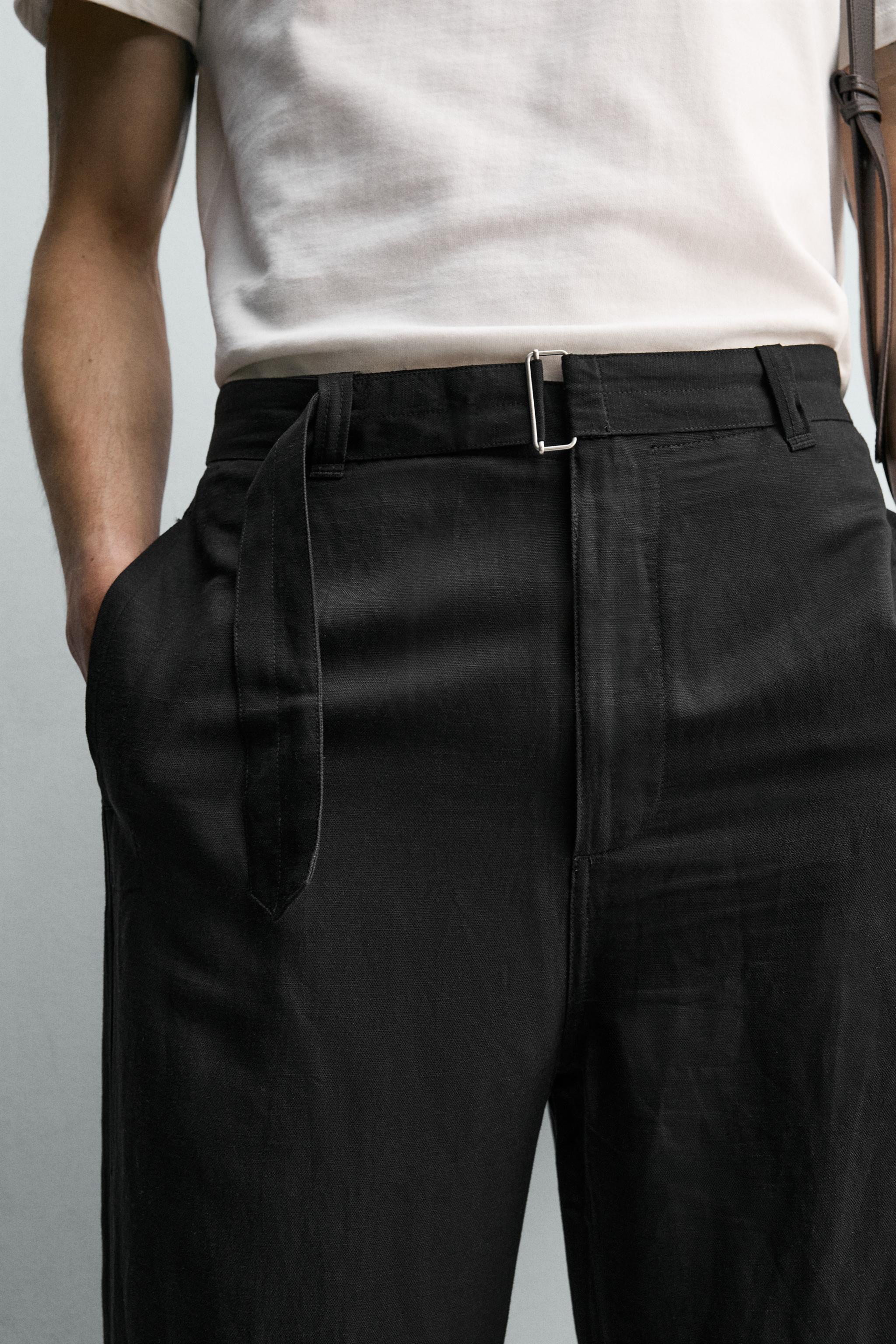 RELAXED FIT VISCOSE-LINEN BELTED PANTS