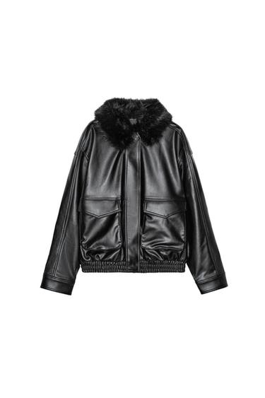 Front view of a black jacket with detachable faux fur collar, patch pockets with flaps and front zip fastening.
