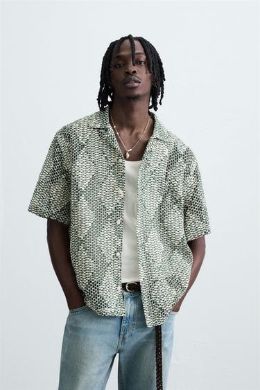 Zara TEXTURED CROCHET SHIRT - Green