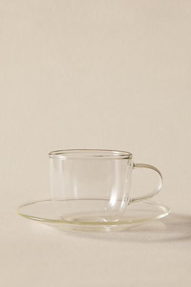 BOROSILICATE GLASS TEACUP AND SAUCER WITH SILVER RIM - Silver by Zara