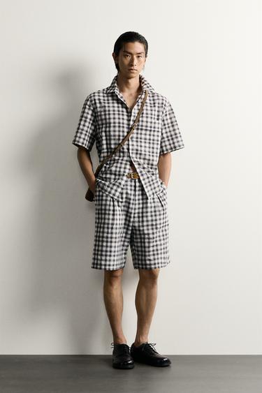 Zara 格紋休閒版短褲 - 白色 / 黑色