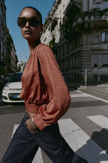 Zara JACQUARD BALLOON TOP - MARSALA
