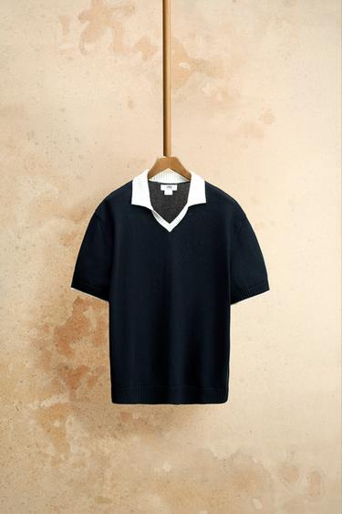 Zara CONTRAST KNIT POLO SHIRT - Navy blue
