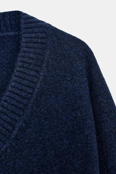 Zara SOFT KNIT V-NECK SWEATER - Navy blue