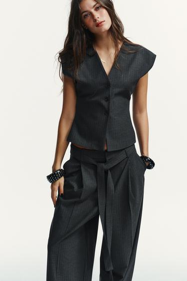 PANTALON À RAYURES TENNIS AVEC CEINTURE - Plomb de Zara - Image 1