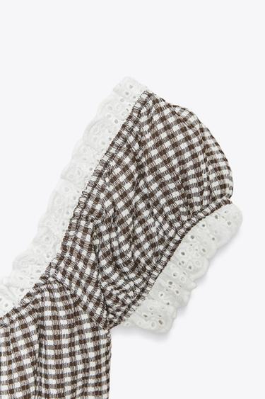 TOP À CARREAUX VICHY ET DENTELLE - Marron / Écru de Zara - Image 6