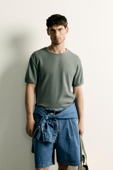 Zara 細格紋理 T 恤 - 綠色