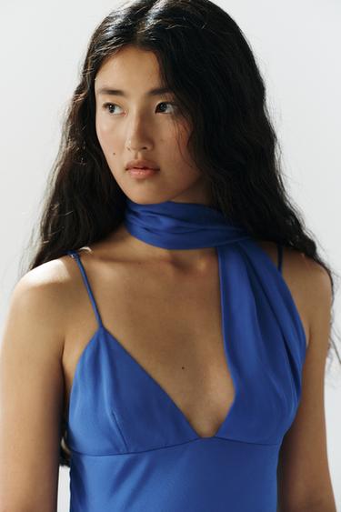 Zara LONG GEORGETTE SCARF STRAP DRESS - Blue