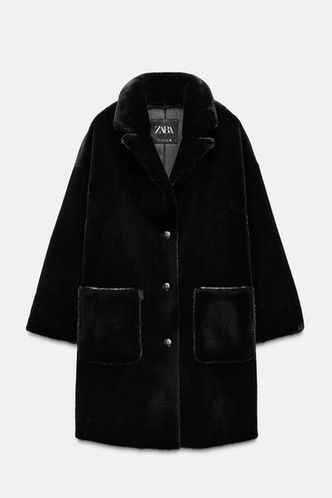 Zara LONG FAUX FUR COAT ZW COLLECTION - Black