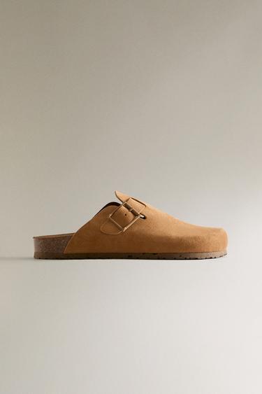 LEATHER CLOGS WITH BUCKLES - Brown by Zara
